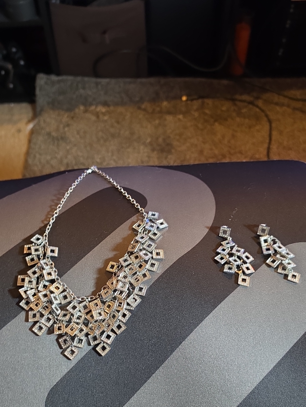 Silver Geometric Statement Necklace and Earrings Set